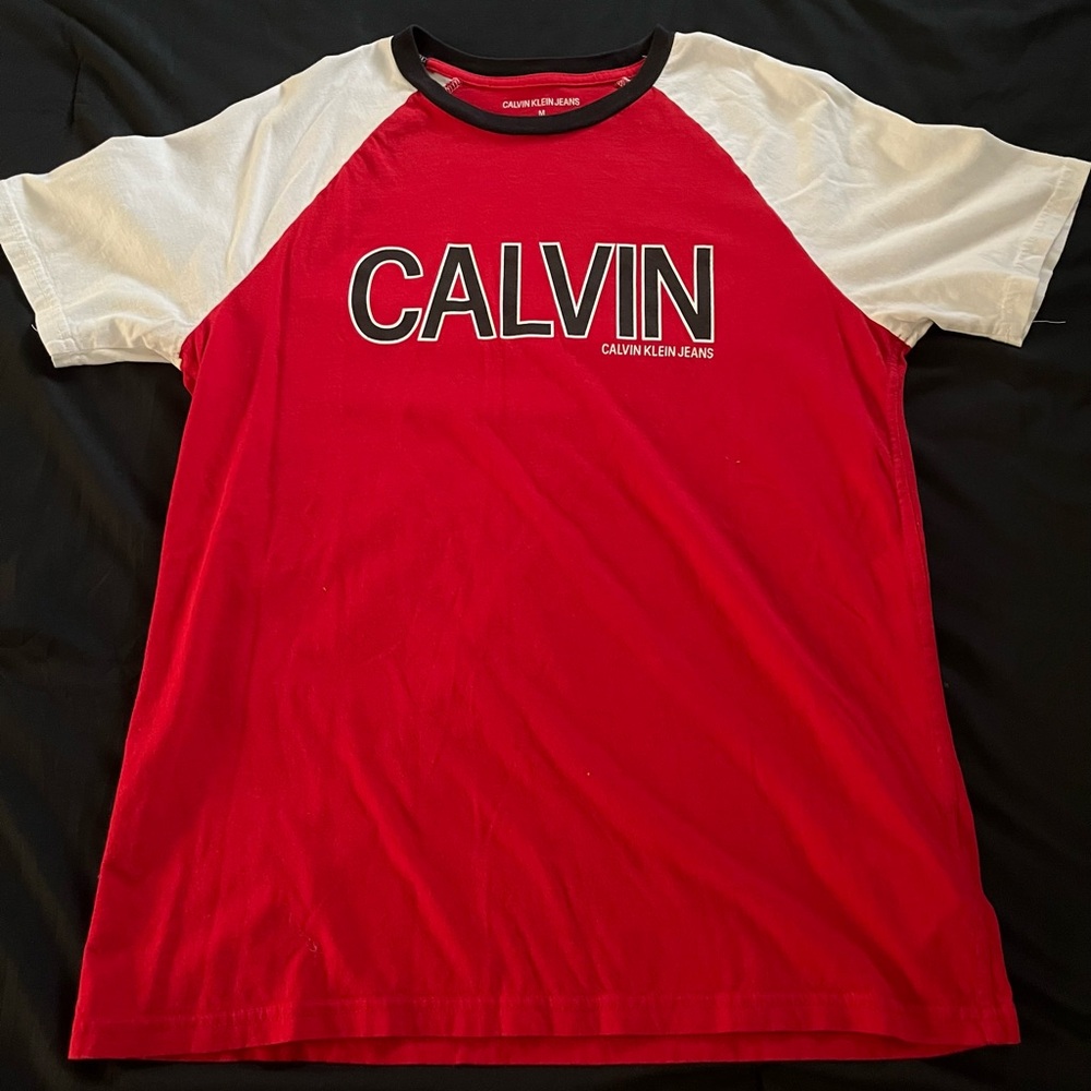 Calvin Klein Jeans Red Tee with Black Neck Trim